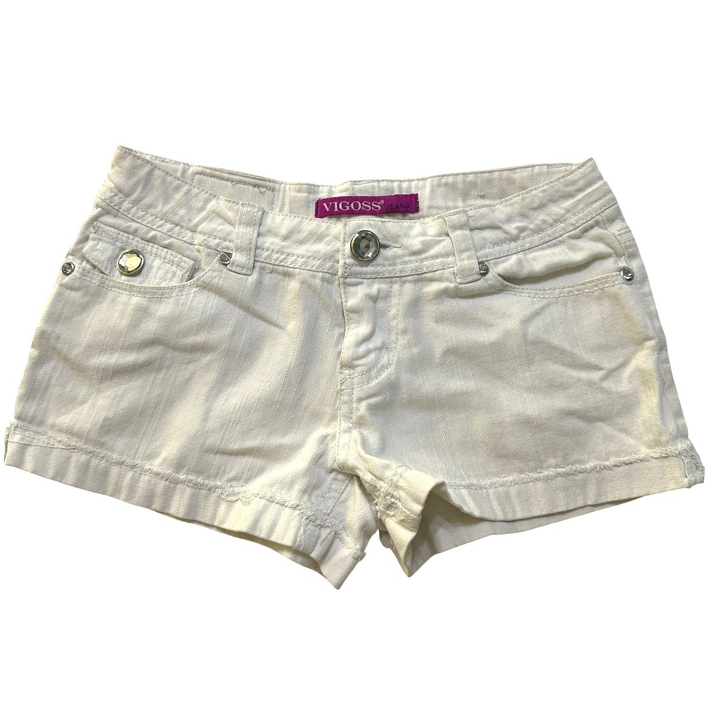 Y2K '08 Vigoss Denim Micro Shorts Size 10 Low Rise Rhinestone McBling Festival